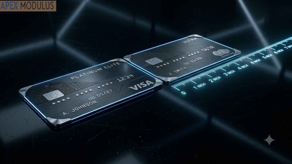 Two 8 inches premium black metal credit cards, 'Platinum Elite' and 'Ultra', on a dark surface with a glowing digital measurement ruler.