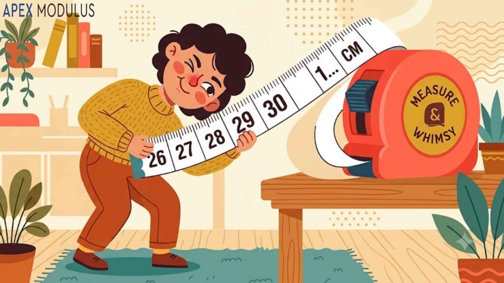 A whimsical cartoon illustration of a person in an orange sweater squinting closely at the numbers on an oversized tape measure they hold.