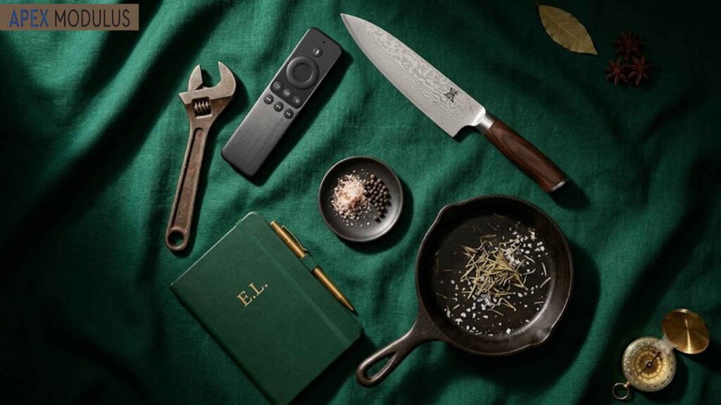 A curated flat lay of a chef's knife, cast iron skillet, wrench, notebook, remote, and compass on dark green fabric.