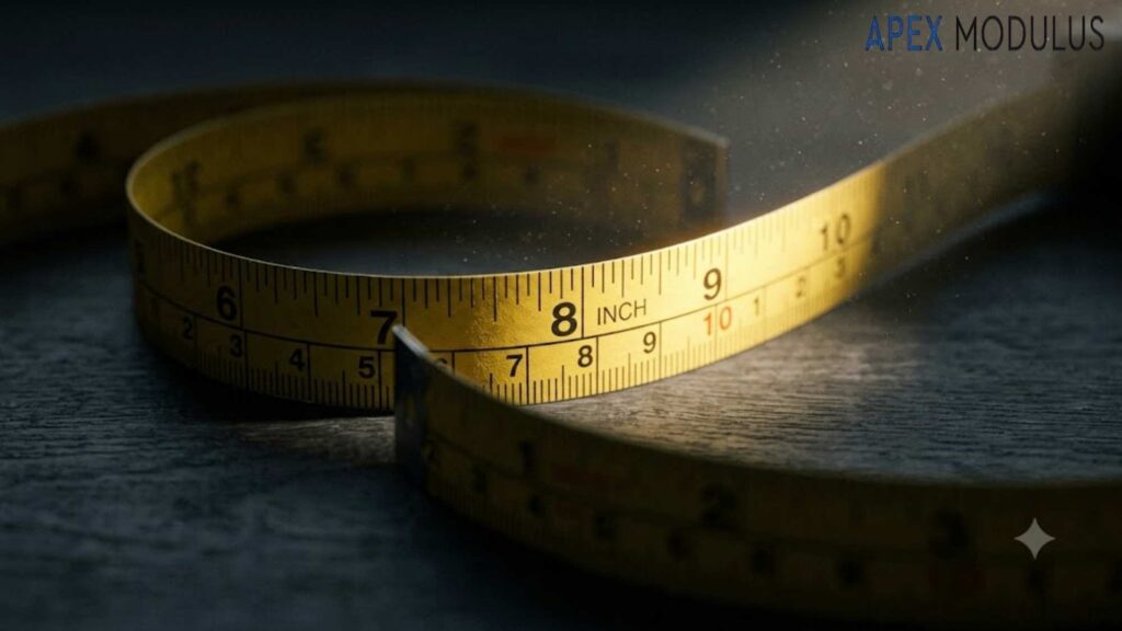 Close-up of a curled yellow tape measure on a dark surface, with a spotlight highlighting the "8 INCH" mark and floating dust motes.