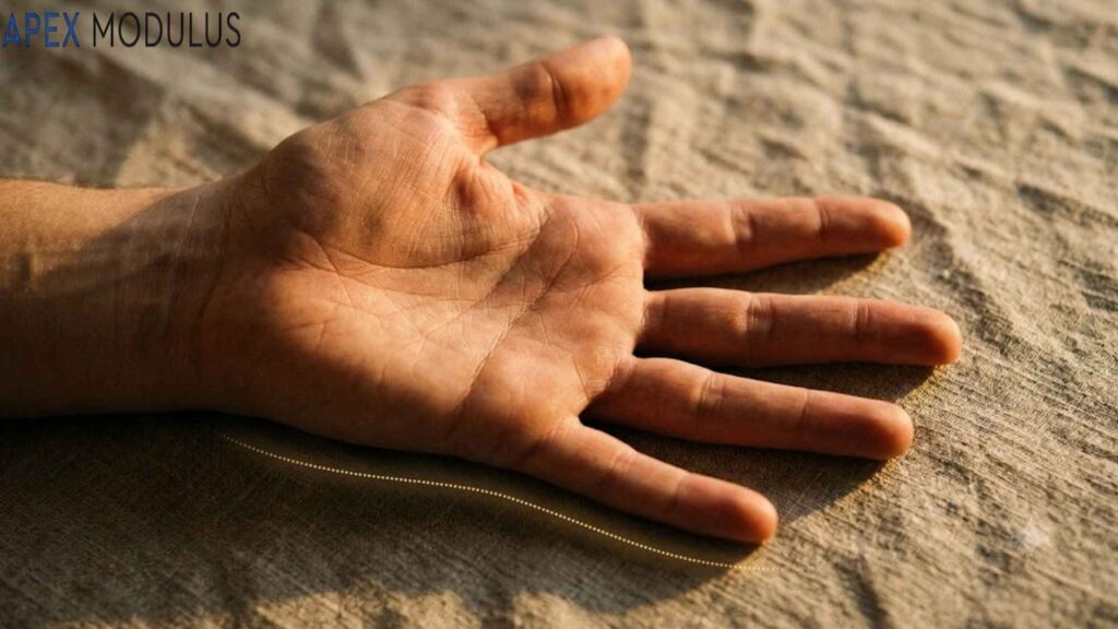 A close-up of an open human palm resting on a textured fabric surface, illuminated by side lighting.
