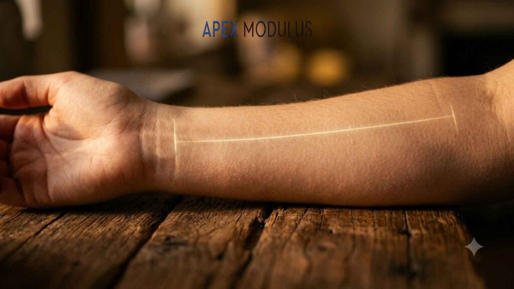 Human forearm and hand on a wooden table with a projected glowing line.