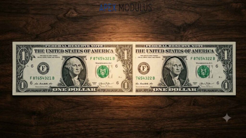 Two US one-dollar bills placed side-by-side on a dark wooden surface.