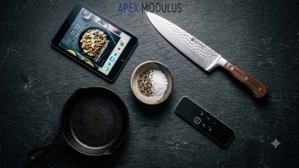 Overhead view of a chef's knife, cast-iron skillet, and iPad on a slate surface with seasonings.