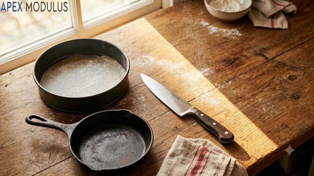 Sunlit rustic kitchen counter with a cake pan, cast-iron skillet, and chef's knife.