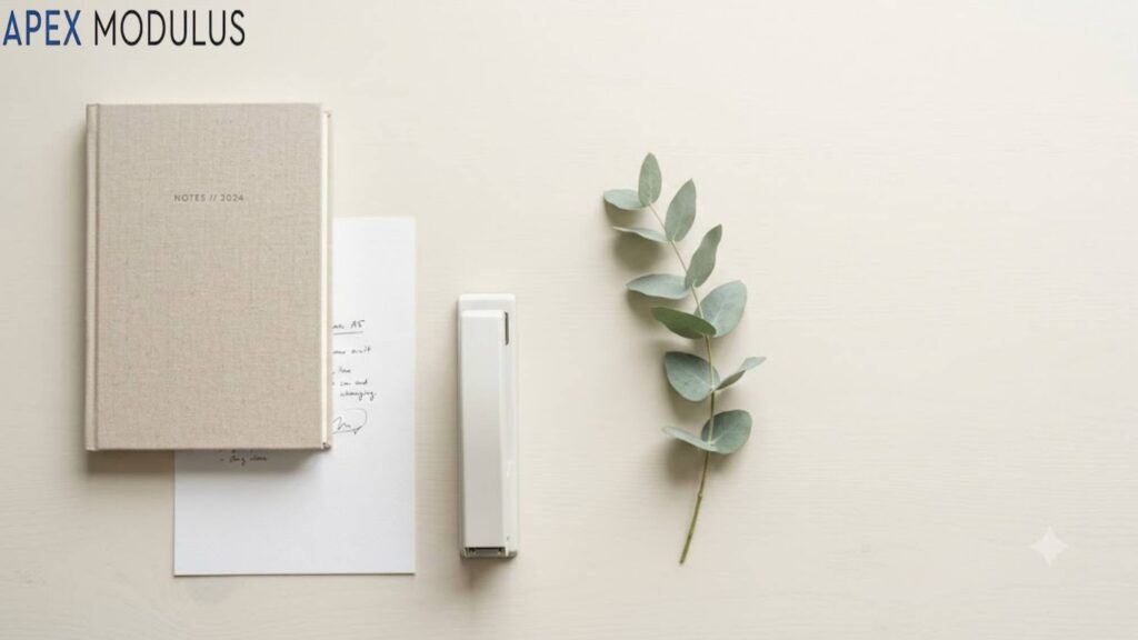 Overhead view of a beige hardcover notebook labeled "NOTES // 2024", a white stapler, and a eucalyptus branch on a light beige surface.