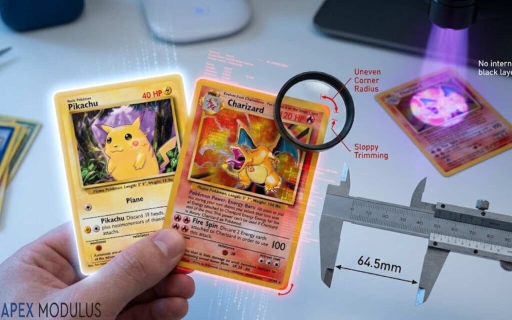 A desk setup using a magnifying loupe, digital caliper, and UV light to inspect a counterfeit Charizard card for sloppy trimming and missing internal layers