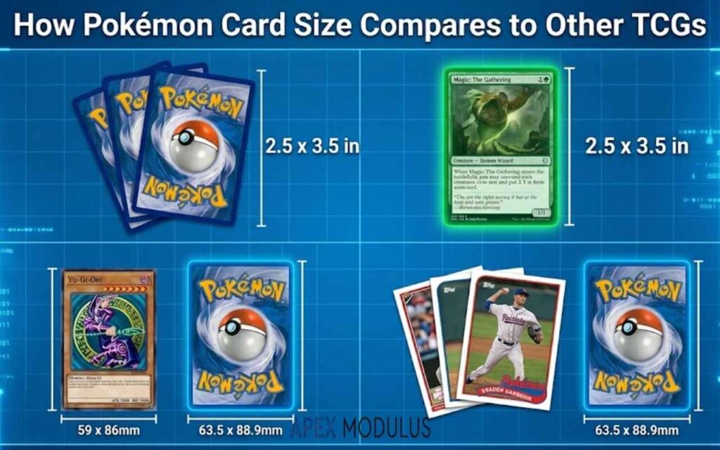 A grid infographic comparing the matching 2.5 x 3.5 inch size of Pokémon, Magic: The Gathering, and sports cards against the slightly smaller Yu-Gi-Oh! card size