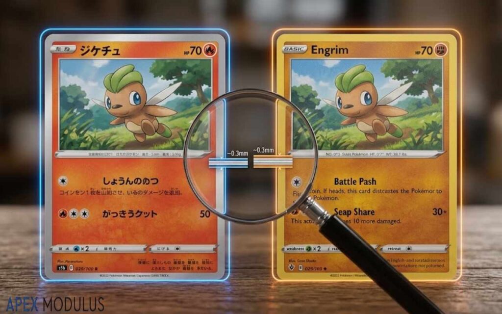 A macro shot using a magnifying glass to compare the glossy texture and cardstock thickness of a Japanese Pokémon card against a matte English card