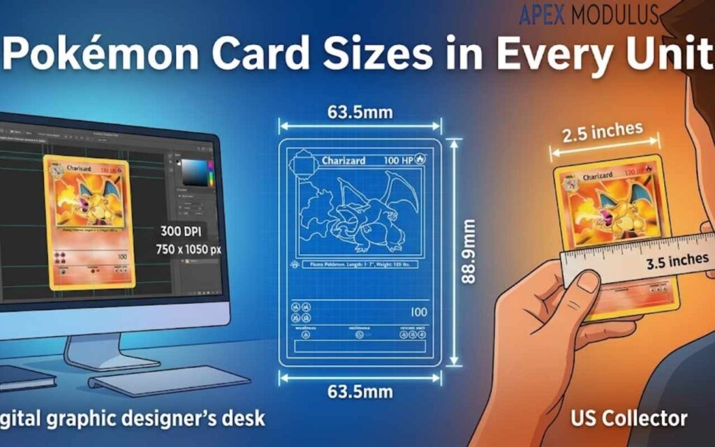 A split-screen graphic comparing a digital artist's 300 DPI Photoshop canvas to a physical collector measuring a Charizard with a ruler