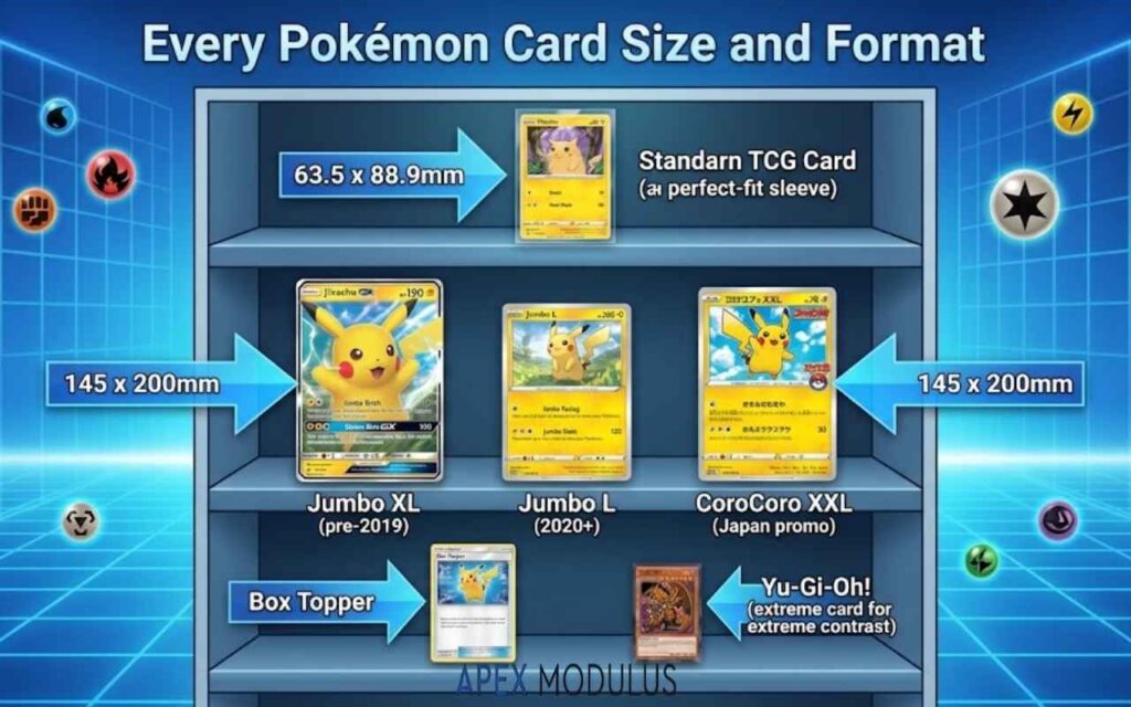 A display shelf comparing a standard-sized card to various oversized formats, including Jumbo XL, Jumbo L, and a Yu-Gi-Oh! card for scale