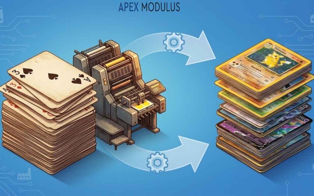 An illustration of an industrial printing press converting a stack of standard playing cards
