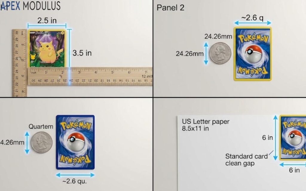 A multi-panel graphic demonstrating how to measure a card at home using a standard ruler, a US quarter for scale, and a standard sheet of printer paper