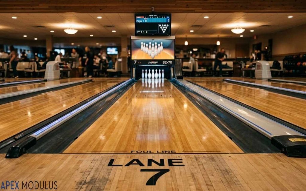 A low-angle view looking down a glossy wooden bowling lane toward ten white pins standing at the end under warm alley lighting.