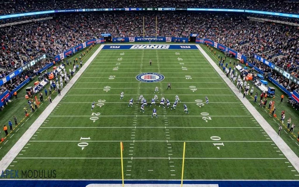 An aerial, end-zone view looking down the length of an NFL football field from behind the goalposts, showing yard lines and players lined up under stadium lights.