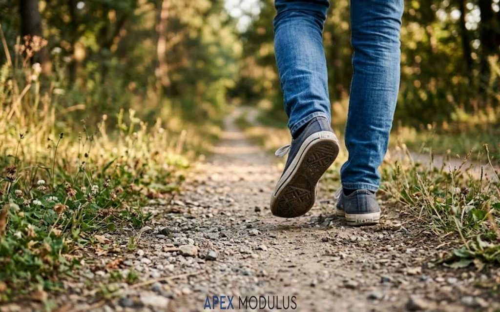 Ground-level, close-up shot from behind a person in blue jeans and casual sneakers walking along a dirt trail through a lush green park.