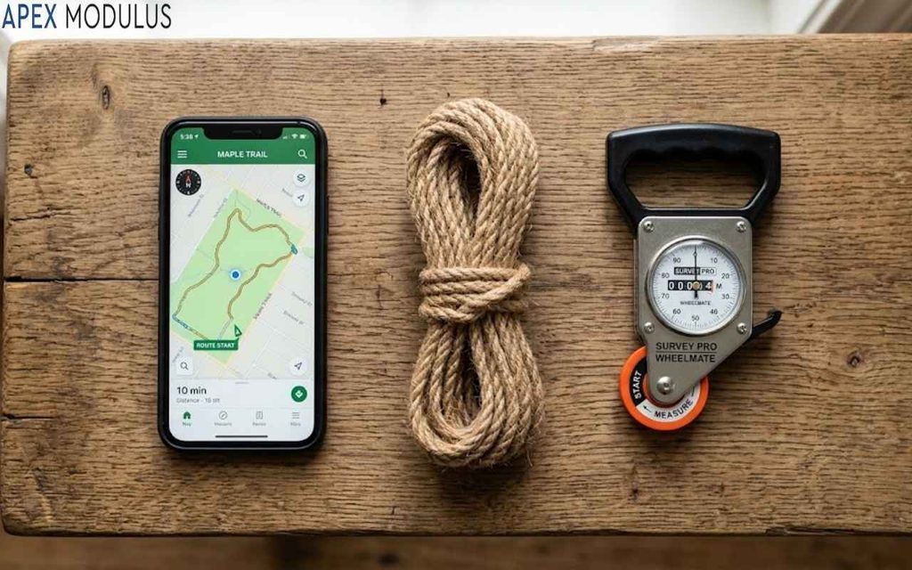 A flat-lay view on a rustic wooden surface showing a smartphone displaying a trail map app, a bundle of coiled natural rope, and a compact mechanical measuring wheel tool.