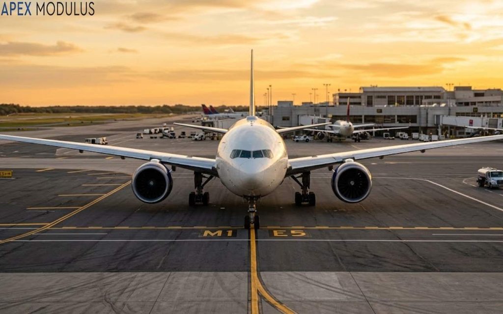 A 100 feet head-on, wide-angle shot of a commercial jet parked on an airport tarmac during golden hour, highlighting its full wingspan against a warm sunset sky.