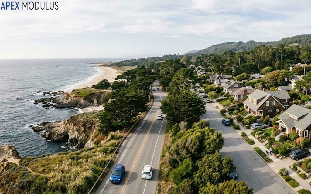 An elevated panoramic view of a scenic coastal road and a residential street, looking out over a sandy beach and the ocean at Carmel-by-the-Sea.