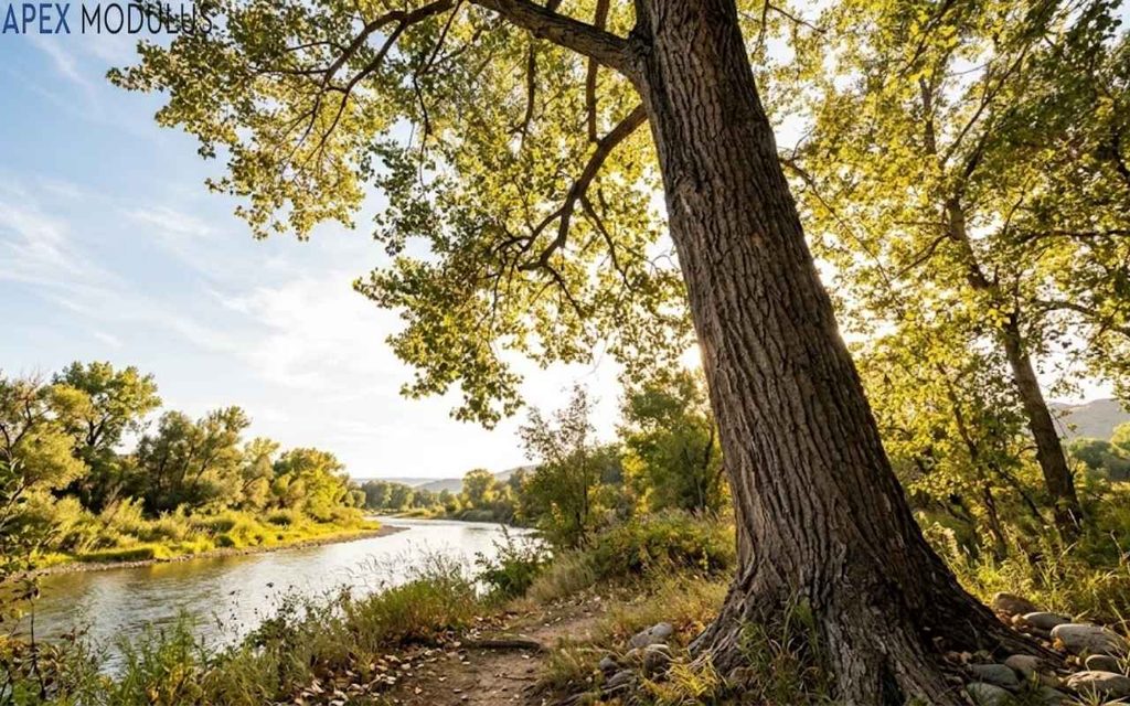 An eye-level landscape view along a wide river flowing through a lush green valley with rolling hills, taken from beneath the dappled canopy of a massive 100 feet cottonwood tree trunk.