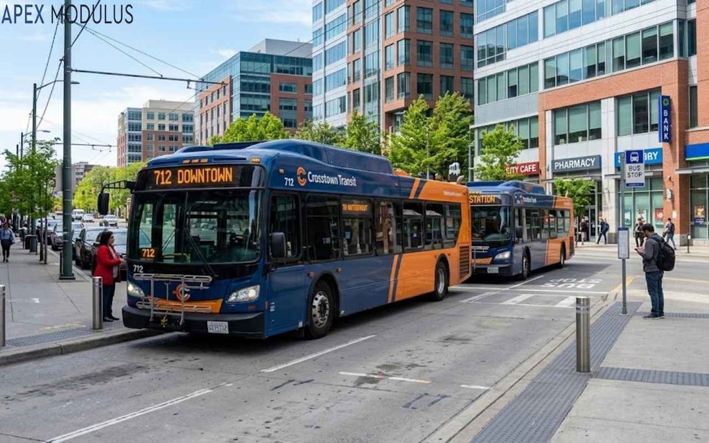 Two blue and orange city transit buses parked in a line at a curbside stop along a modern urban street with pedestrians and multistory buildings.