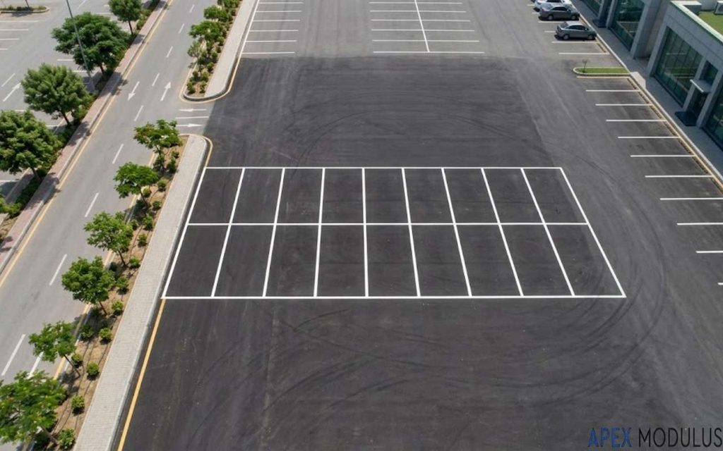An aerial, high-angle view of a 100 feet freshly painted, empty white parking stalls on dark asphalt in a commercial parking lot, with roads and buildings in the background.