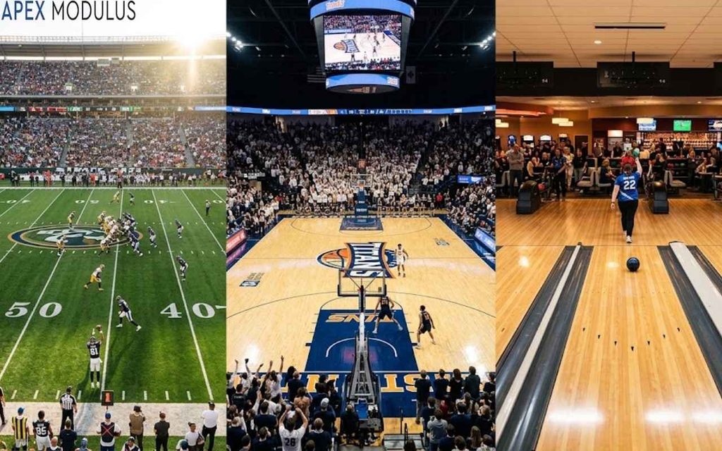 A three-panel horizontal collage featuring an American football game in an outdoor stadium, a basketball game inside a crowded arena, and a bowler rolling a ball down an indoor bowling alley.