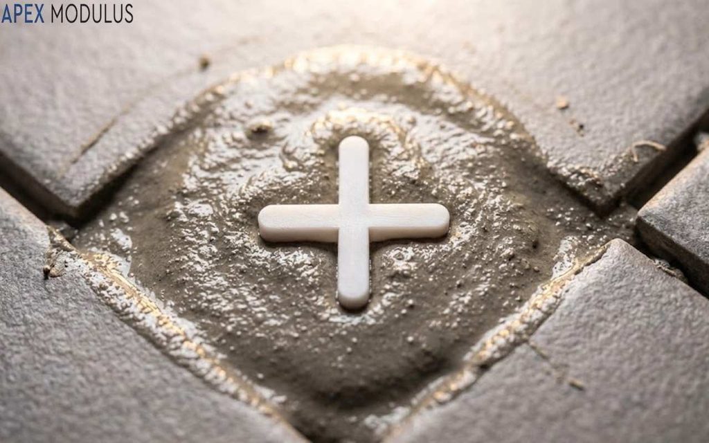 A detailed construction-focused shot of a white plastic cross tile spacer nestled within wet, textured gray grout at the intersection of four grey-brown tiles.