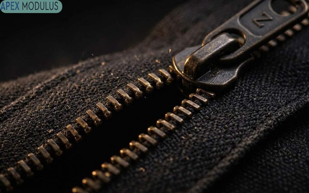 A macro photograph of an open, 2mm, aged brass-tone metal zipper and its slide pull with a 'Z' mark, set against a dark, textured canvas fabric