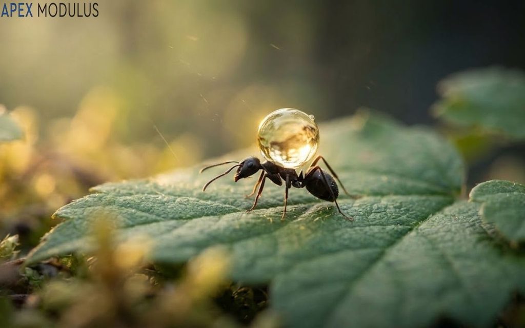 A nature macro shot of a black ant carrying a large, clear water droplet on its abdomen while standing on a green leaf in diffused sunlight.