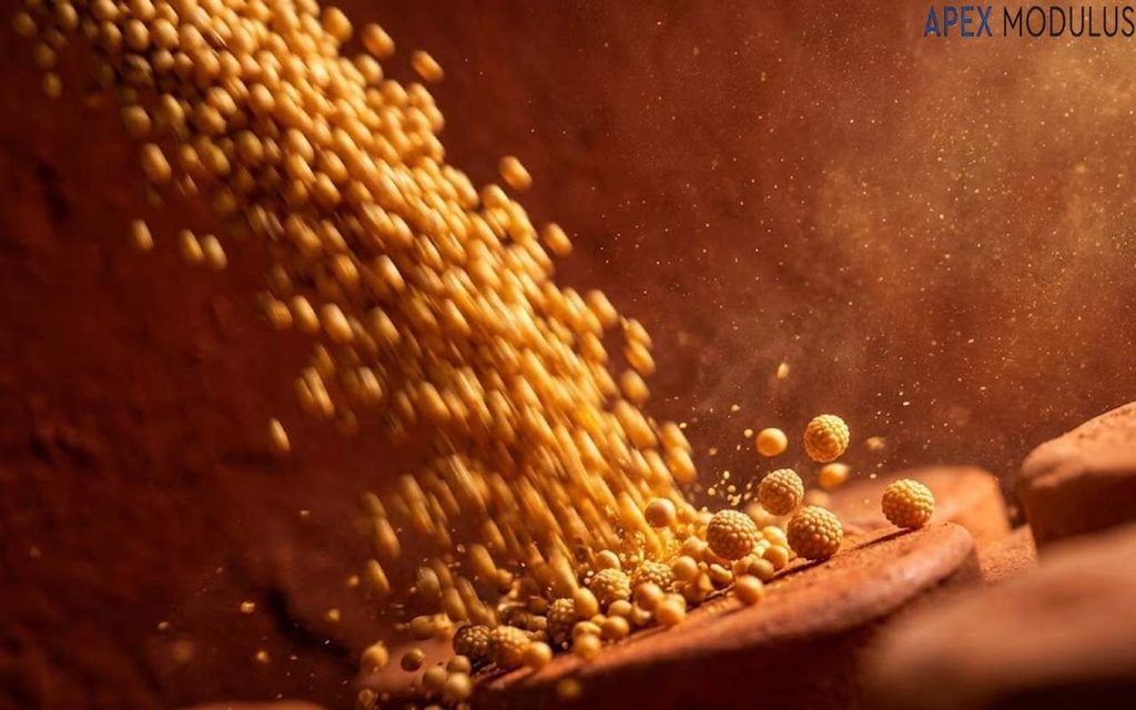 A dynamic macro photograph capturing a stream of small 2mm, golden-brown grains pouring down and colliding with a few larger, similar-textured circular objects on a textured clay surface, with fine dust particles in the air.