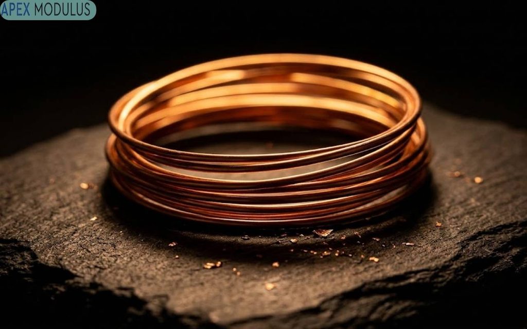 A close-up photograph of a neatly wound 2mm coil of bare copper wire resting on a dark, rough-textured slate block, with scattered copper flecks, against a black background.