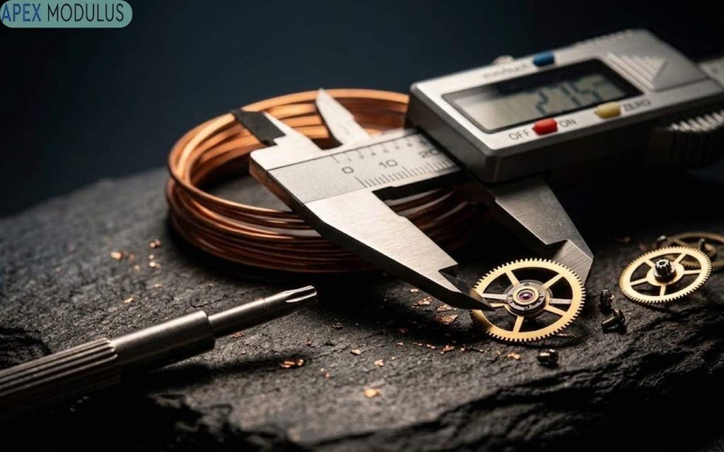 A precise composition on a dark slate block featuring a digital caliper mid-measurement on a clock gear, a coil of copper wire, and smaller clock parts and screws.