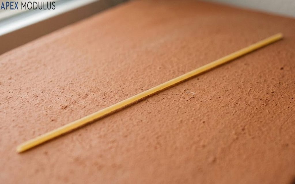A single strand of uncooked spaghetti laid diagonally across a textured, reddish-brown terracotta surface in soft natural light.