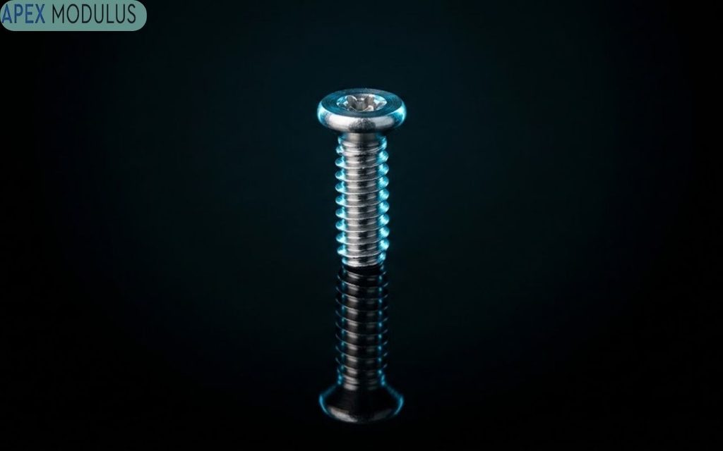 A dramatic, high-contrast product shot of a 2mm silver Torx-head screw standing upright on a highly polished black surface, showing a perfect reflection and detailed thread contours.