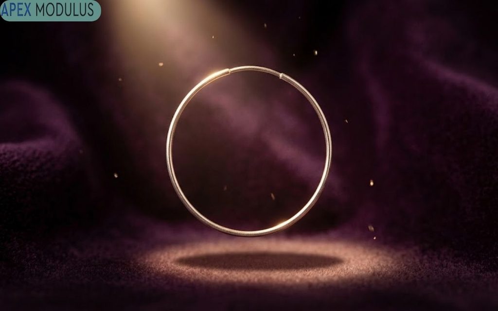 A dramatic macro photograph of two thin golden hoop earrings on a dark, plush purple velvet surface with scattered light particles and a focused light beam.