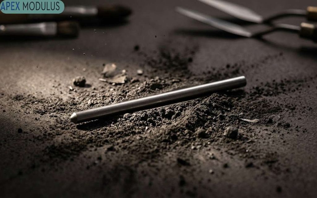 A atmospheric, dark-toned photo on a textured surface, showing a metallic graphite rod in a bed of loose graphite powder, with out-of-focus paintbrushes and a palette knife in the background.