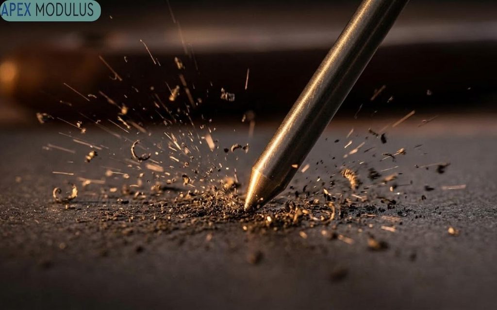 A high-speed macro shot capturing golden sparks and curled metal fragments exploding from the tip of a polished metal rod as it hits a dark, textured surface.