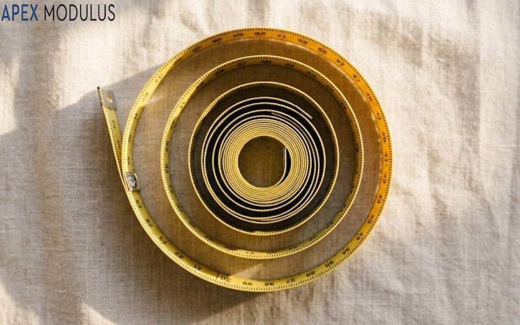 Flat-lay of a yellow measuring tape curled into a spiral on neutral fabric with warm morning shadows.