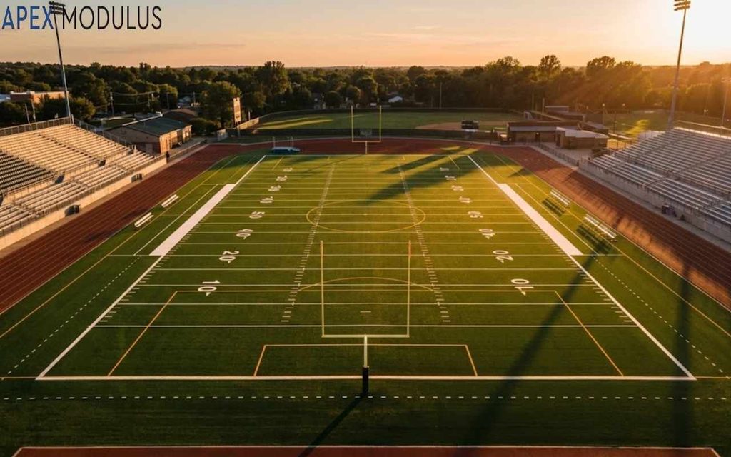 An elevated view of an 300 feet empty green football field with a track and empty bleachers at sunset.