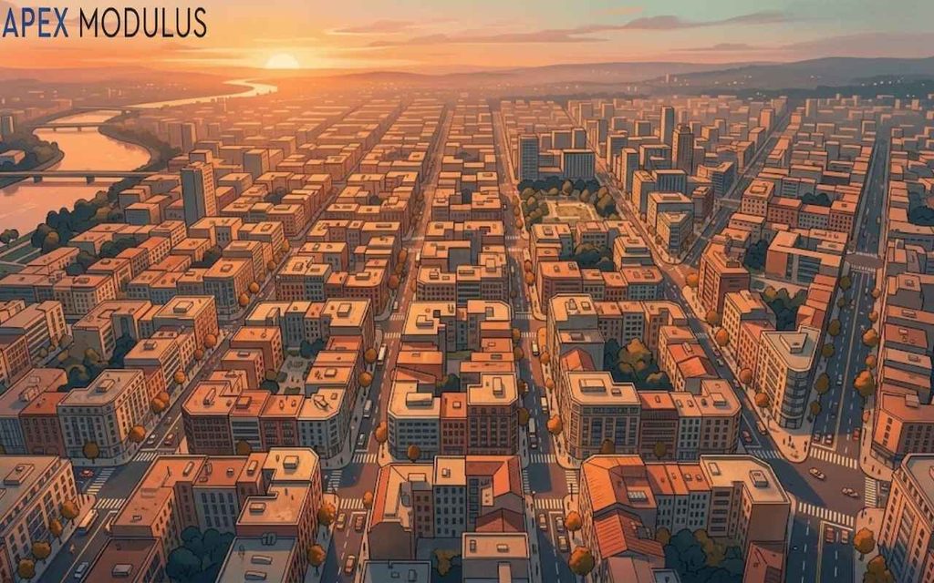 An aerial view illustration of a city and a river during a golden sunset.