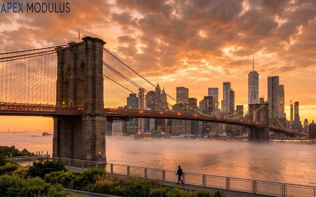 A silhouette of a person walking along a waterfront railing in front of the Brooklyn Bridge, with low-lying mist on the river and the Manhattan skyline glowing under a vibrant orange sunrise.