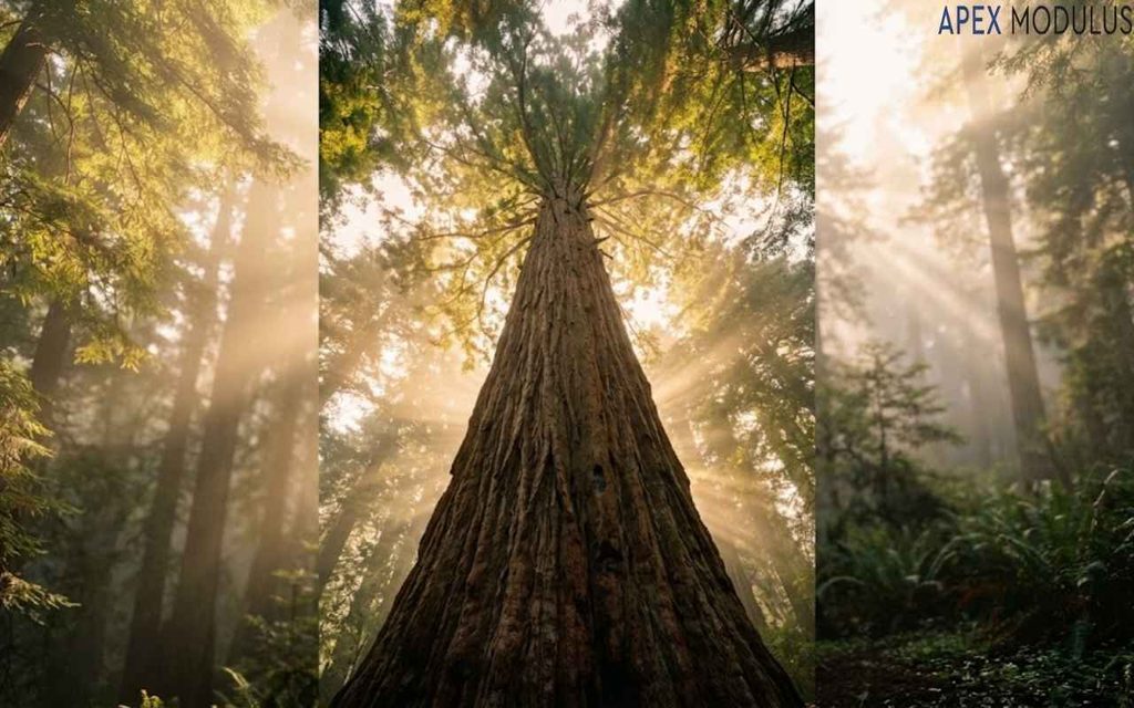 Low-angle shot looking up a massive sequoia tree trunk toward the sunlit forest canopy.
